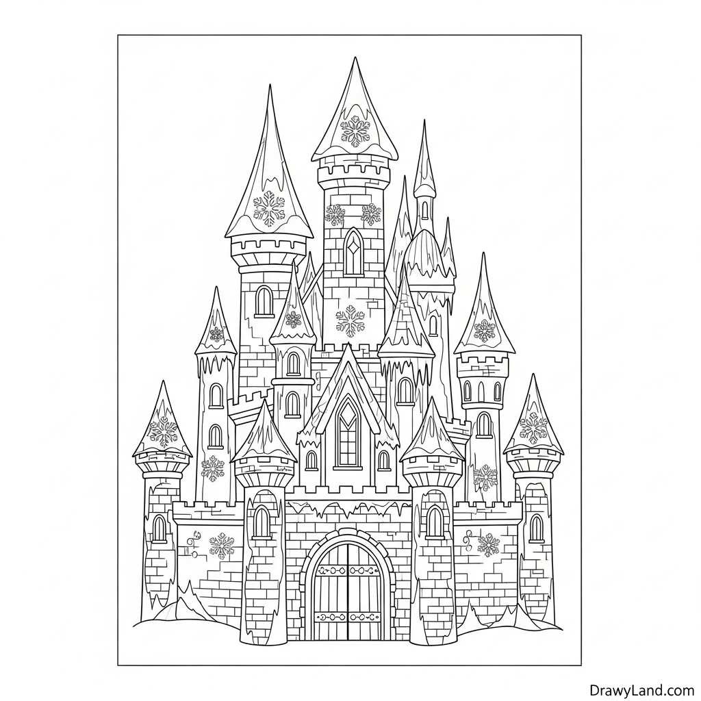 A cozy winter village scene coloring page with houses and trees
