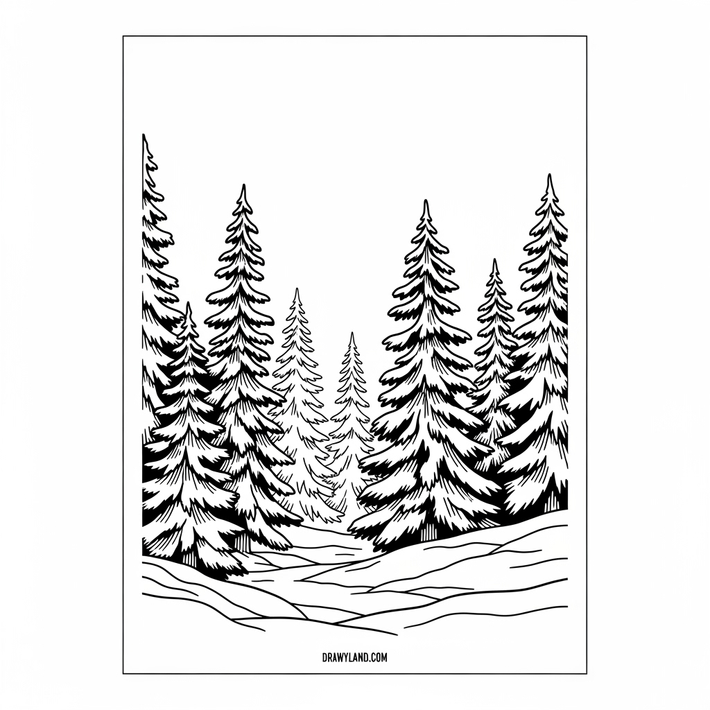 A snowy frozen forest coloring page with pine trees and animals