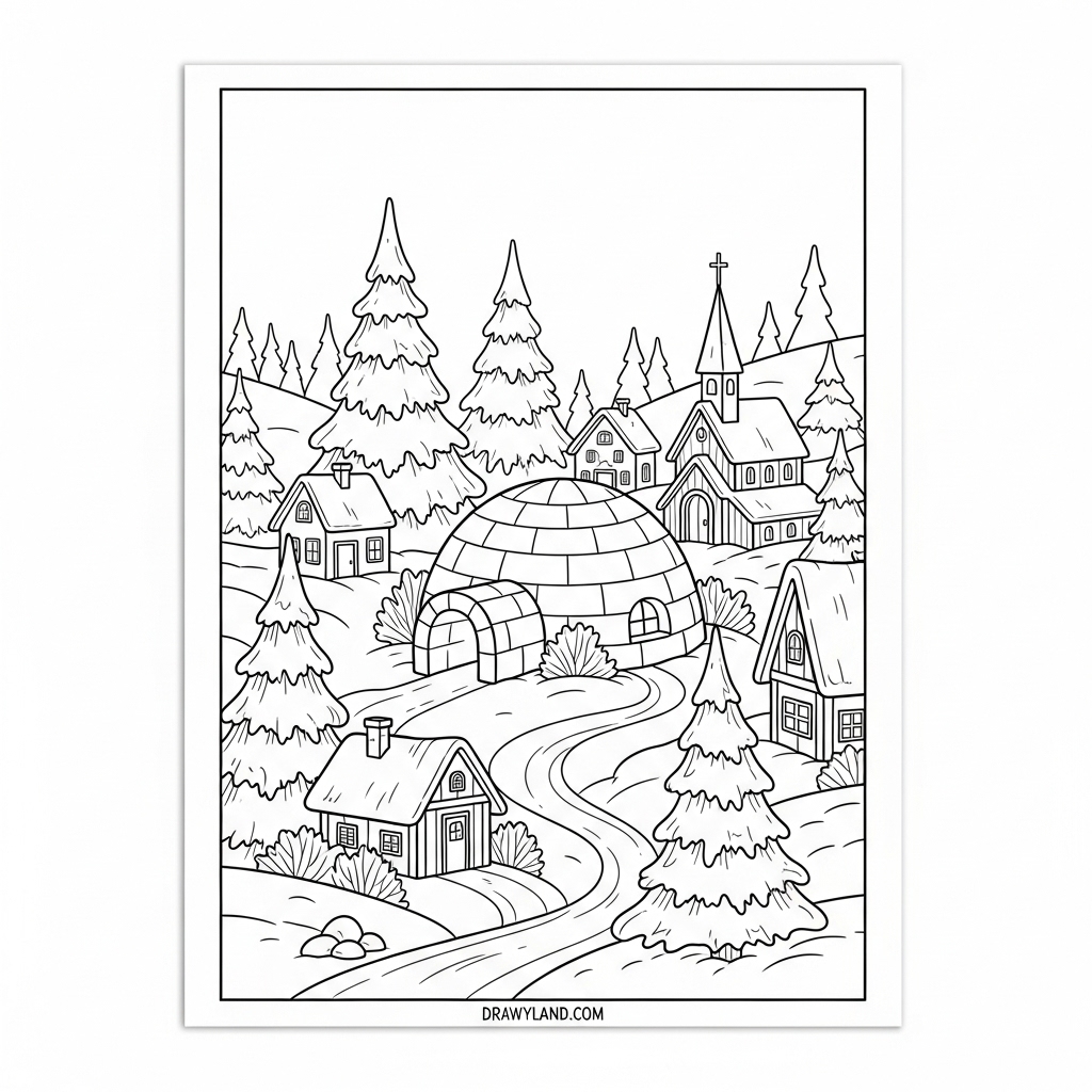 A cute snowman and reindeer winter wonderland coloring page