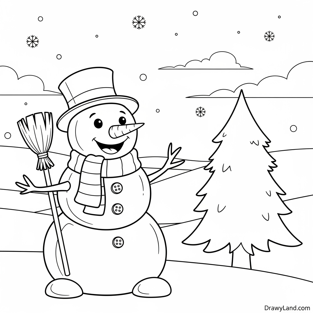 An easy winter wonderland coloring sheet for toddlers with a large snowman