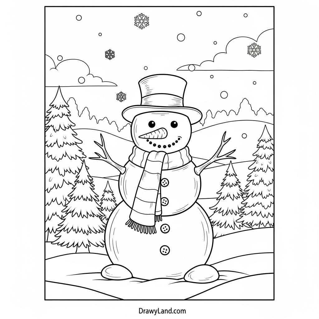 A magical winter wonderland coloring page with a castle and snowflakes